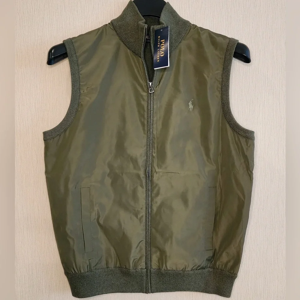 Polo Ralph Lauren Men's Olive Woven Knit Fully Lined Zipper Front Hybrid Vest - Picture 4 of 13